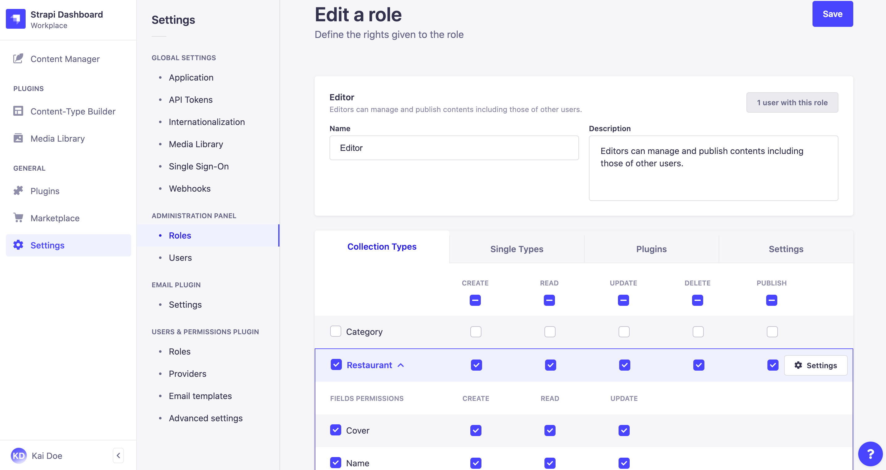 Administrator roles edition interface